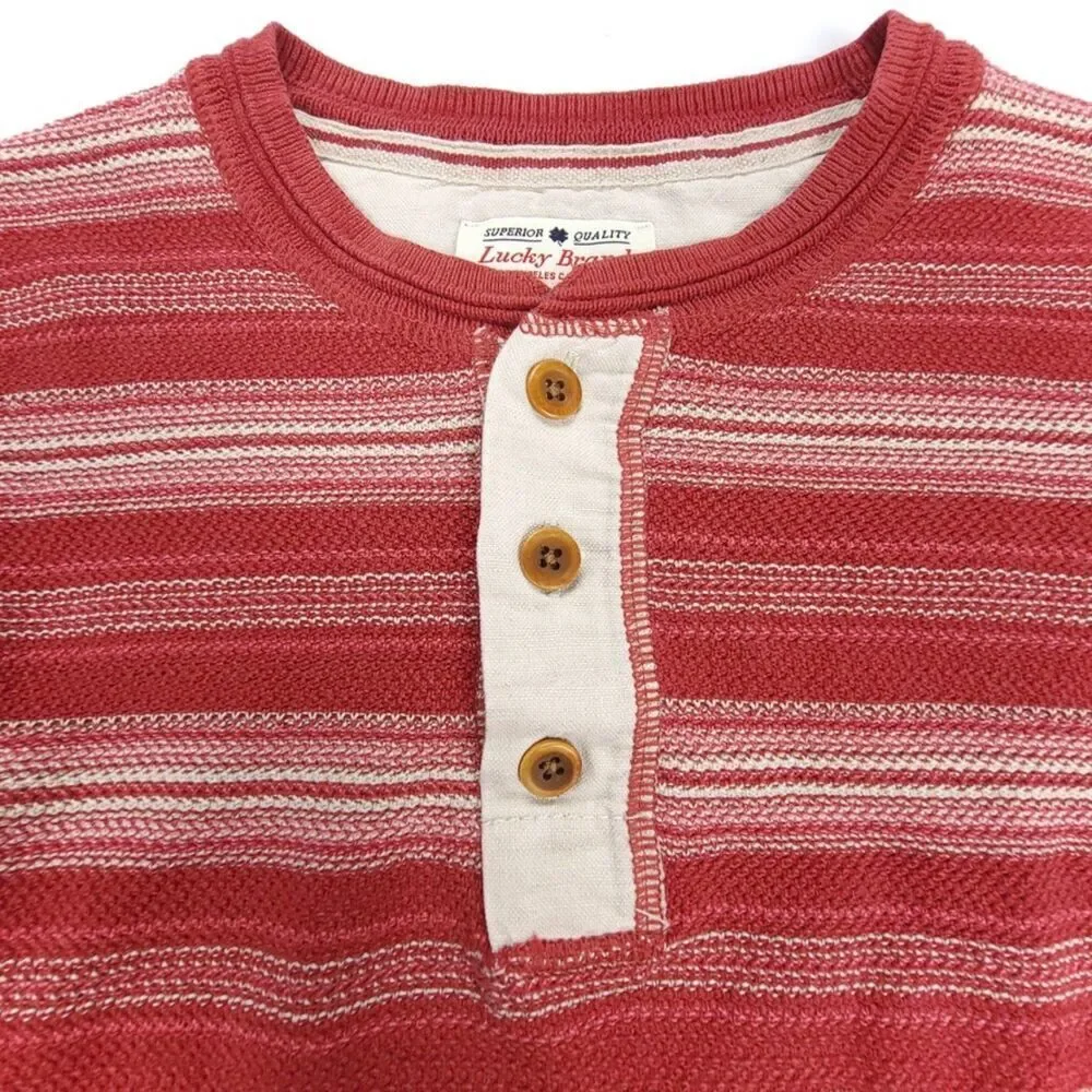 LUCKY BRAND 90s Handcrafted Knit Henley Sweater Mens Large Red Vintage Stripe - Picture 6 of 9